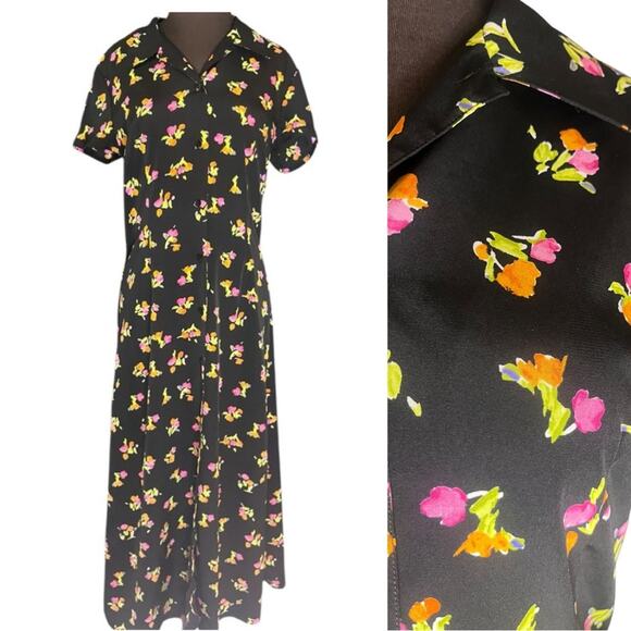 Vtg 90s Black Button Front Maxi Shirt Dress 10 Bright Floral Feminine Bloomcore - Picture 1 of 7